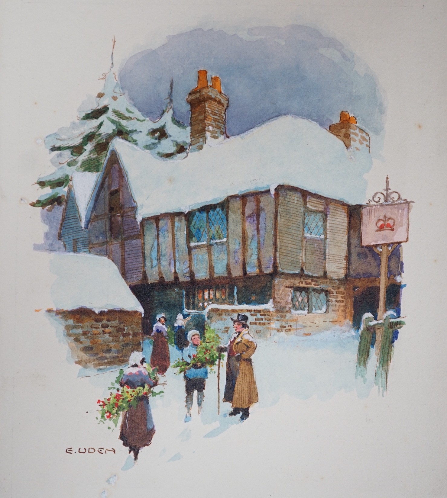Ernest Uden (1911-1986), four watercolours with bodycolour, vintage greeting card designs, winter scenes, signed, 28 x 20cm, unframed